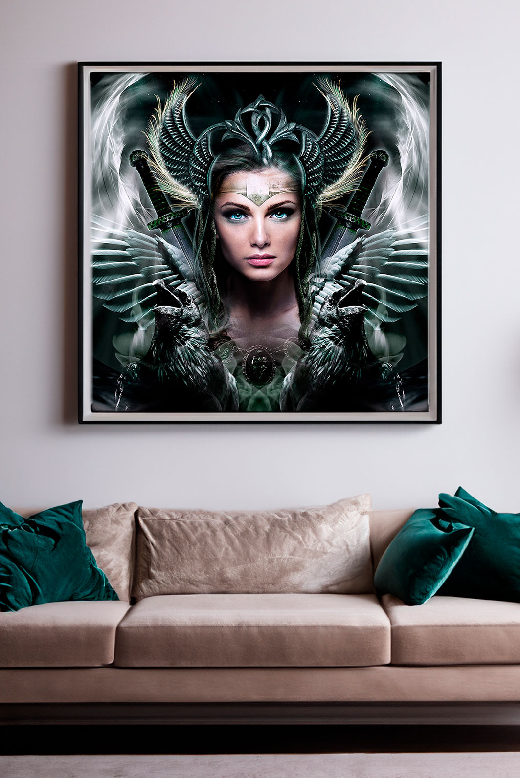 Digitale kunst van Freyja, de Muze van Innerlijke Kracht – een krachtige vrouwelijke figuur die staat voor bevrijding, zelfbeschikking en transformatie. Symboliek van licht en schaduw, met verwijzingen naar strijd, moed en herrijzenis.